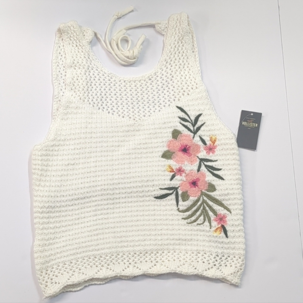 Hollister White Knit Embroidered Halter Top NWT